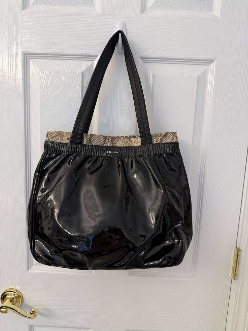 Furla Black Patent Tote with Snakeskin-Accent Trim